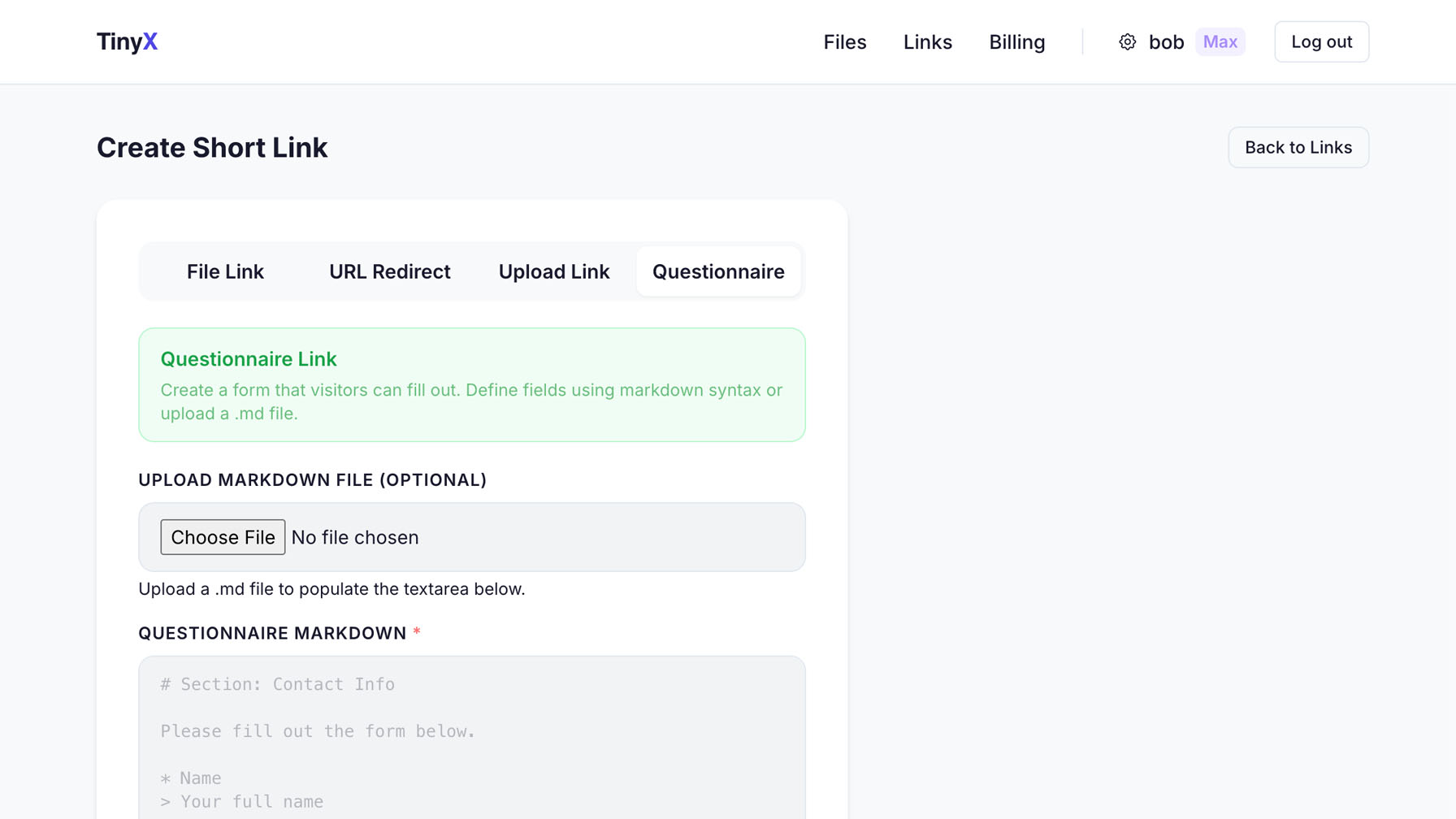 Screenshot: Questionnaire form with markdown editor