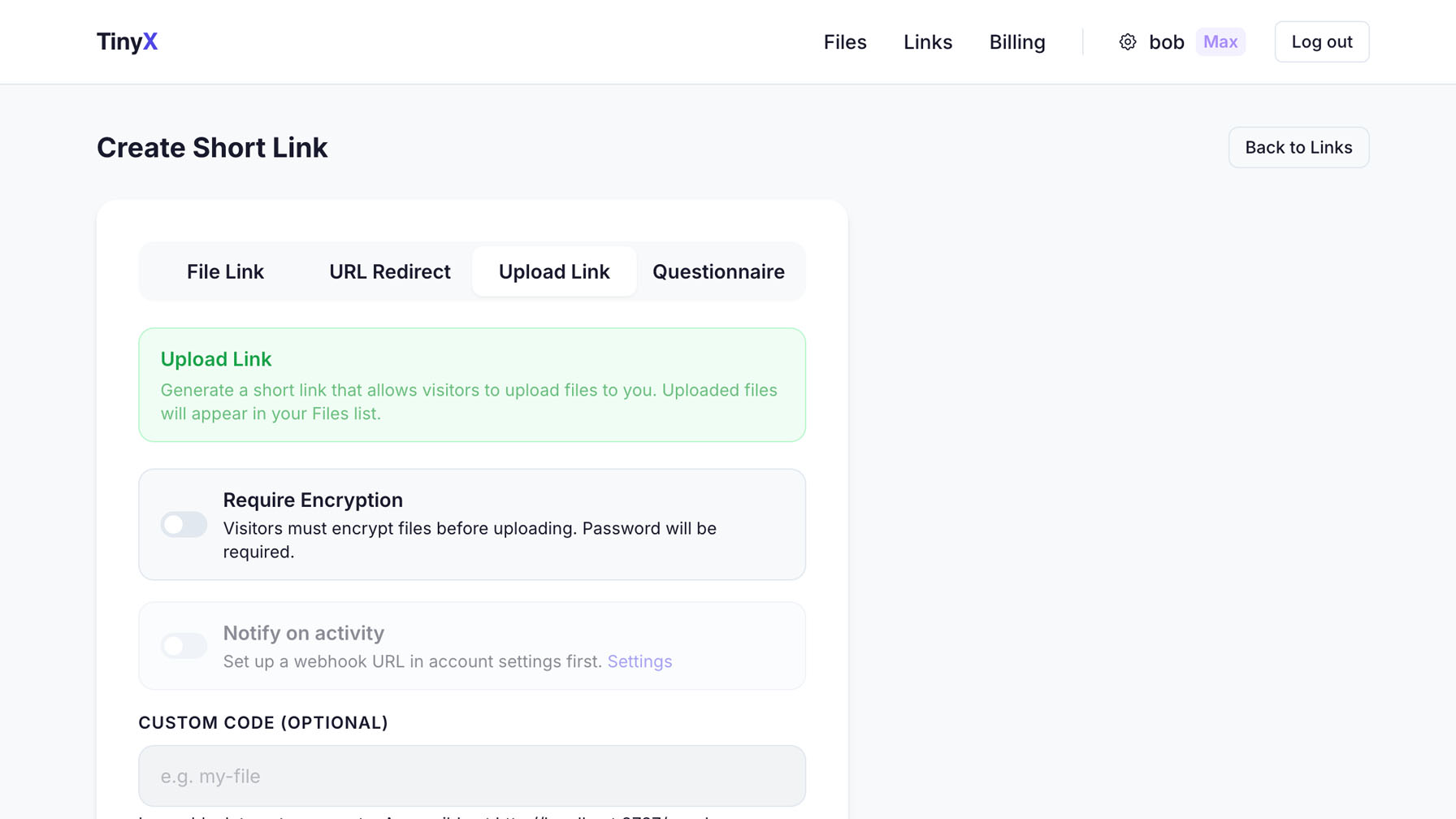 Screenshot: Upload link page with encryption enabled