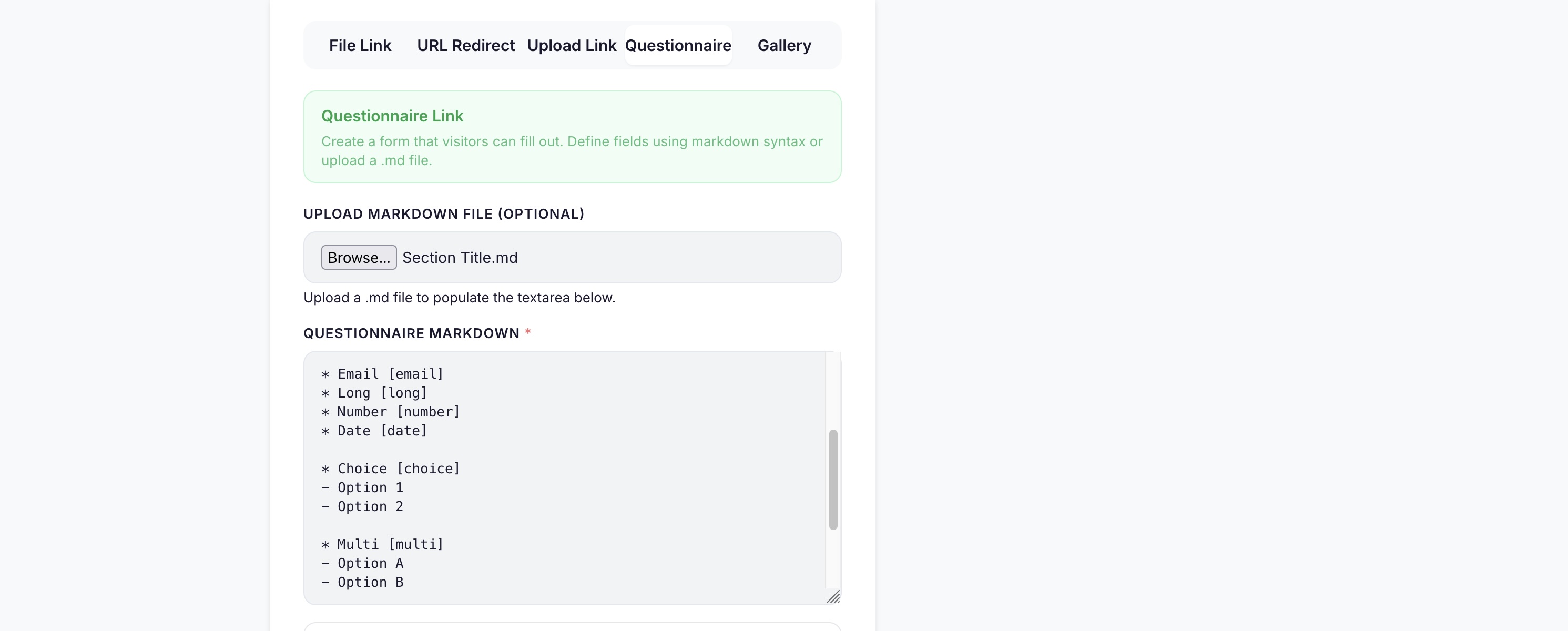 Screenshot of a markdown-authored intake questionnaire