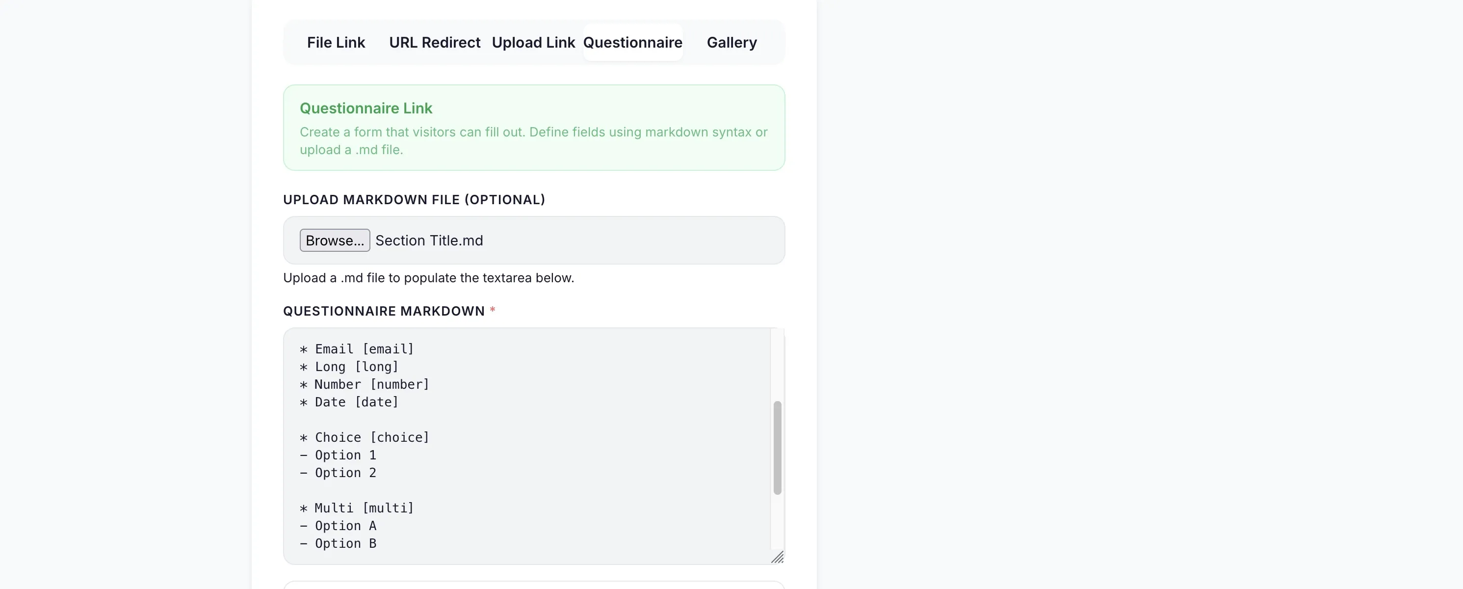 Screenshot of a markdown-authored intake questionnaire