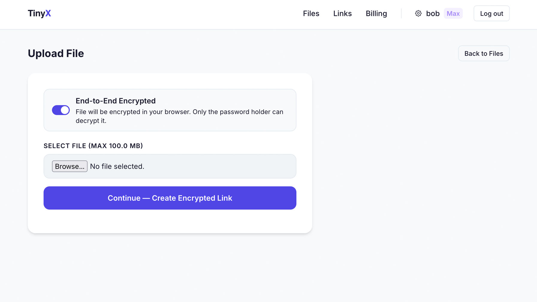 Screenshot of encrypted file upload with AES-256 badge