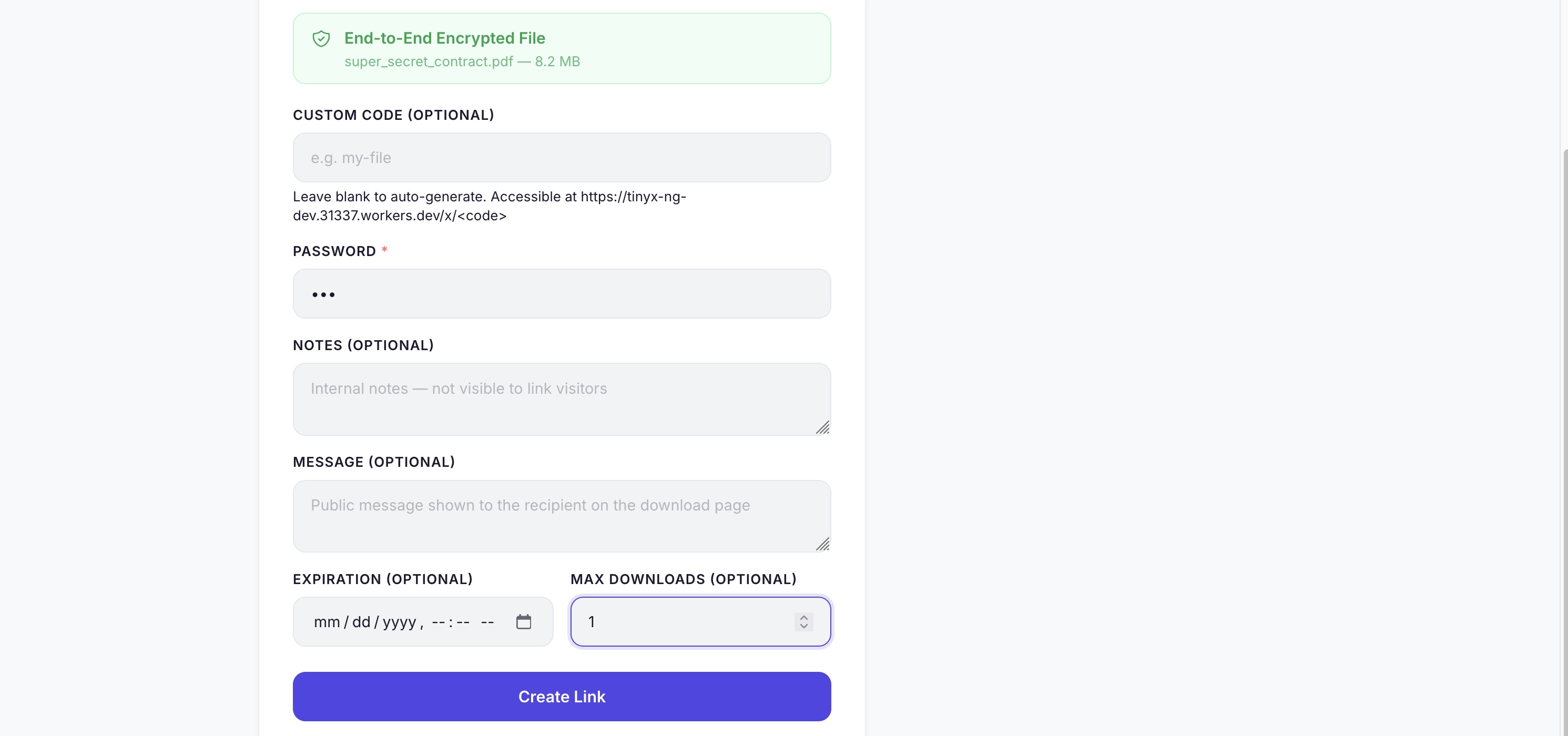 Screenshot of a link set to expire after one download